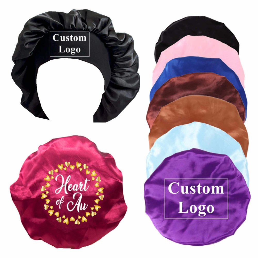 Custom Satin Bonnet Silk Bonnets for Black Women Sleeping Makeup, 20PCS/lot Personalized Logo Hair Cap Bonnet for Long Curly Braid Hair (Logo on Front, Silver)