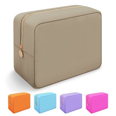 Iqimott Nylon Large Makeup Bag Travel Pouch, Preppy Big Cosmetic Bag Makeup Organizer Nylon Large Capacity Toiletry Bag, Waterproof Large Zipper Pouch Storage Bag for Women Girls Teens(Khaki)