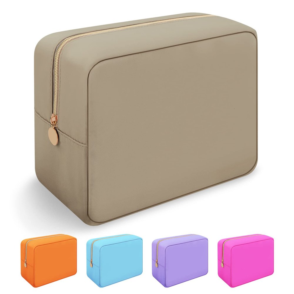 Iqimott Nylon Large Makeup Bag Travel Pouch, Preppy Big Cosmetic Bag Makeup Organizer Nylon Large Capacity Toiletry Bag, Waterproof Large Zipper Pouch Storage Bag for Women Girls Teens(Khaki)