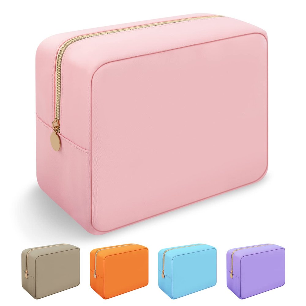 Iqimott Nylon Large Makeup Bag Travel Pouch, Preppy Big Cosmetic Bag Makeup Organizer Nylon Large Capacity Toiletry Bag, Waterproof Large Zipper Pouch Storage Bag for Women Girls Teens(Pink)