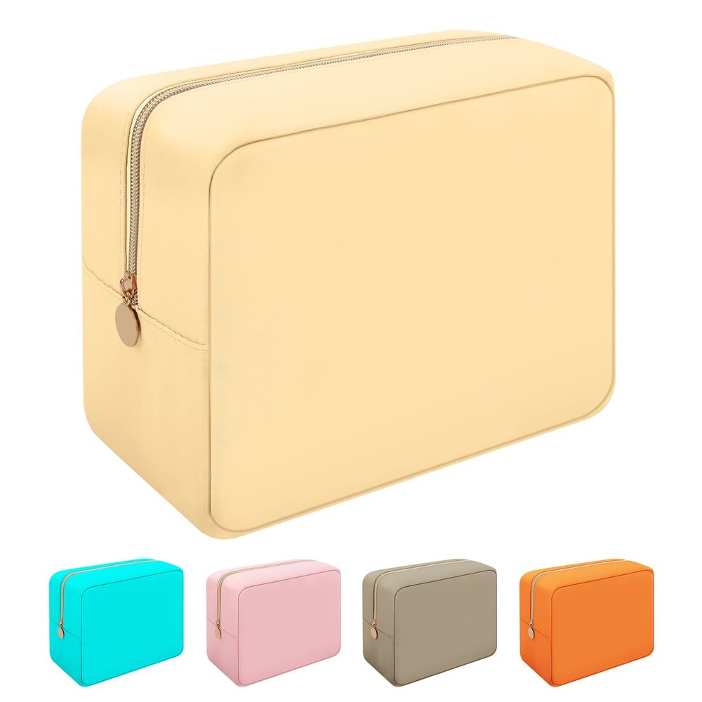 Iqimott Nylon Makeup Bag, Large Capacity Travel Pouch, Waterproof Zipper Makeup Organizer for Women, Girls and Teens (Beige)
