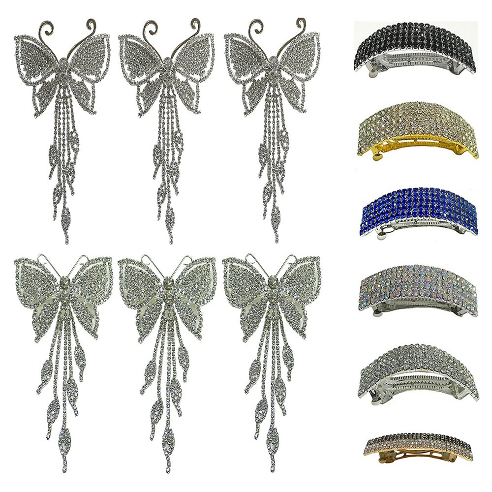 Dz Pk 12 Count 6 Crystal White Butterfly Barrettes Combo Bar Barrettes 6 Clrs 9050/0004/goldBlk