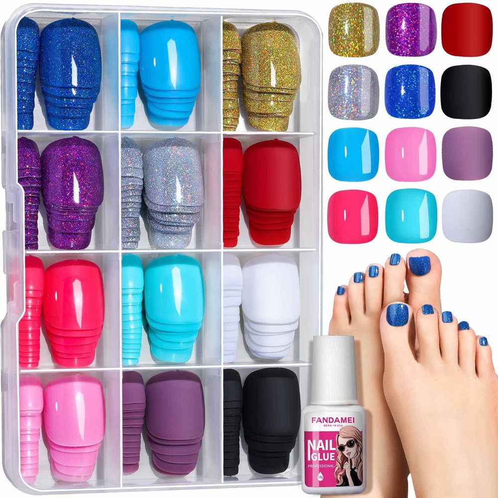 FANDAMEI Press on Toenails, 12 Colors 288PCS Press on Toe Nails Short Square, 4 Glitter Toenails Full Cover, 4 Glossy False Nails for Feet for Summer Nail Art