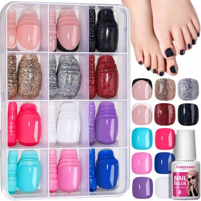 FANDAMEI Press on Toe Nails, 12 Colors 288PCS Press on Toenails Short Square, 4 Glitter Toenails Full Cover, 6 Glossy False Nails for Feet, 2 French Tip for Nail