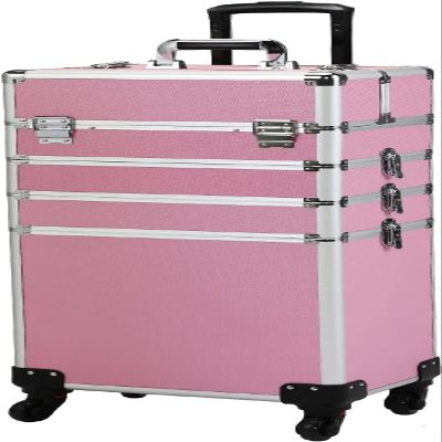 4-in-1 Draw-bar Style Interchangeable Aluminum Rolling Makeup Case Pink (13.78 x 9.84 x 29.53)