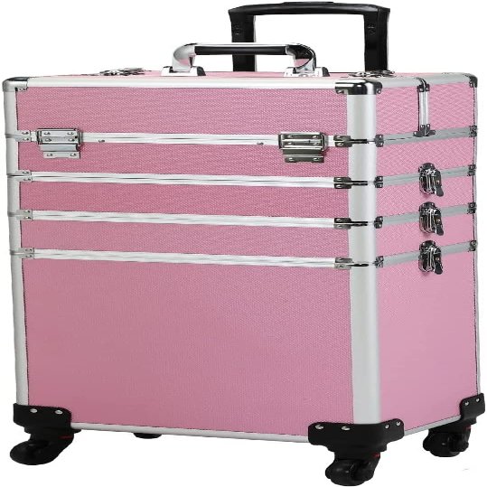 4-in-1 Draw-bar Style Interchangeable Aluminum Rolling Makeup Case Pink (13.78 x 9.84 x 29.53)