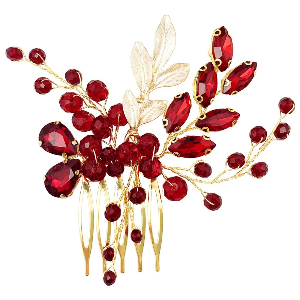 BETITETO Crystal Bridal Hair Comb Wedding Gold Vine Leaf Rhinestone Hair Piece Accessories for Women Girls (Red)