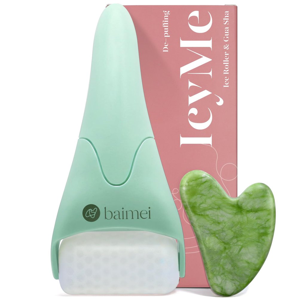 BAIMEI IcyMe Cryotherapy Ice Roller and Gua Sha Facial Tools Reduces Puffiness, Skin Care Tools for Face Massager Self Care Gift for Men Women - Green