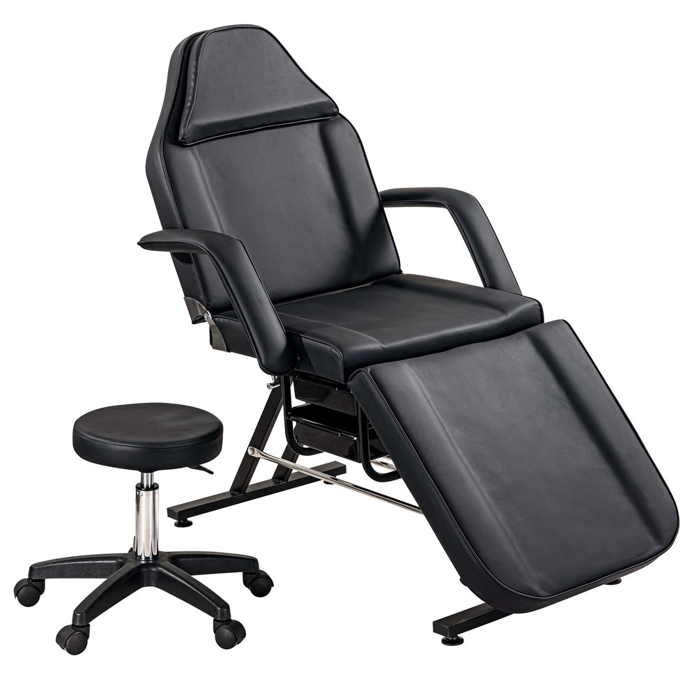 Mbolyeer Massage Salon Tattoo Chair with Two Trays Esthetician Bed with Hydraulic Stool, Multi-Purpose 3-Section Facial Bed Table, Adjustable Beauty Barber Spa Beauty Equipment (Black)