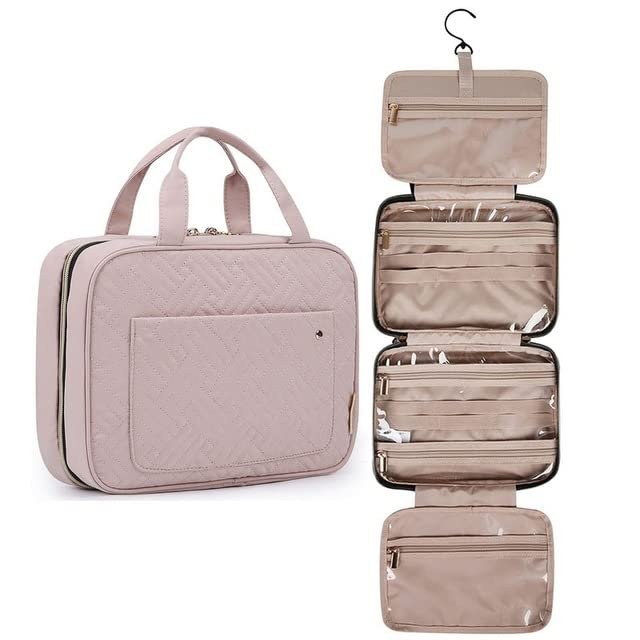 Toiletry Bag Travel Bag with Hanging Hook, Water-resistant Makeup Cosmetic Bag Travel Organizer for Accessories, Full Sized Container (Pink)
