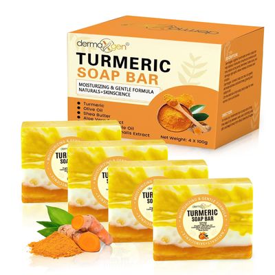 DERMAXGEN Organic Turmeric Soap Bar for Face & Body  Pure Turmeric Soap Bar for Acne, Scars, Uneven Tone, Blemish Control, Sun Damage & Age Spots  Handcrafted Skincare (Pack of 4)