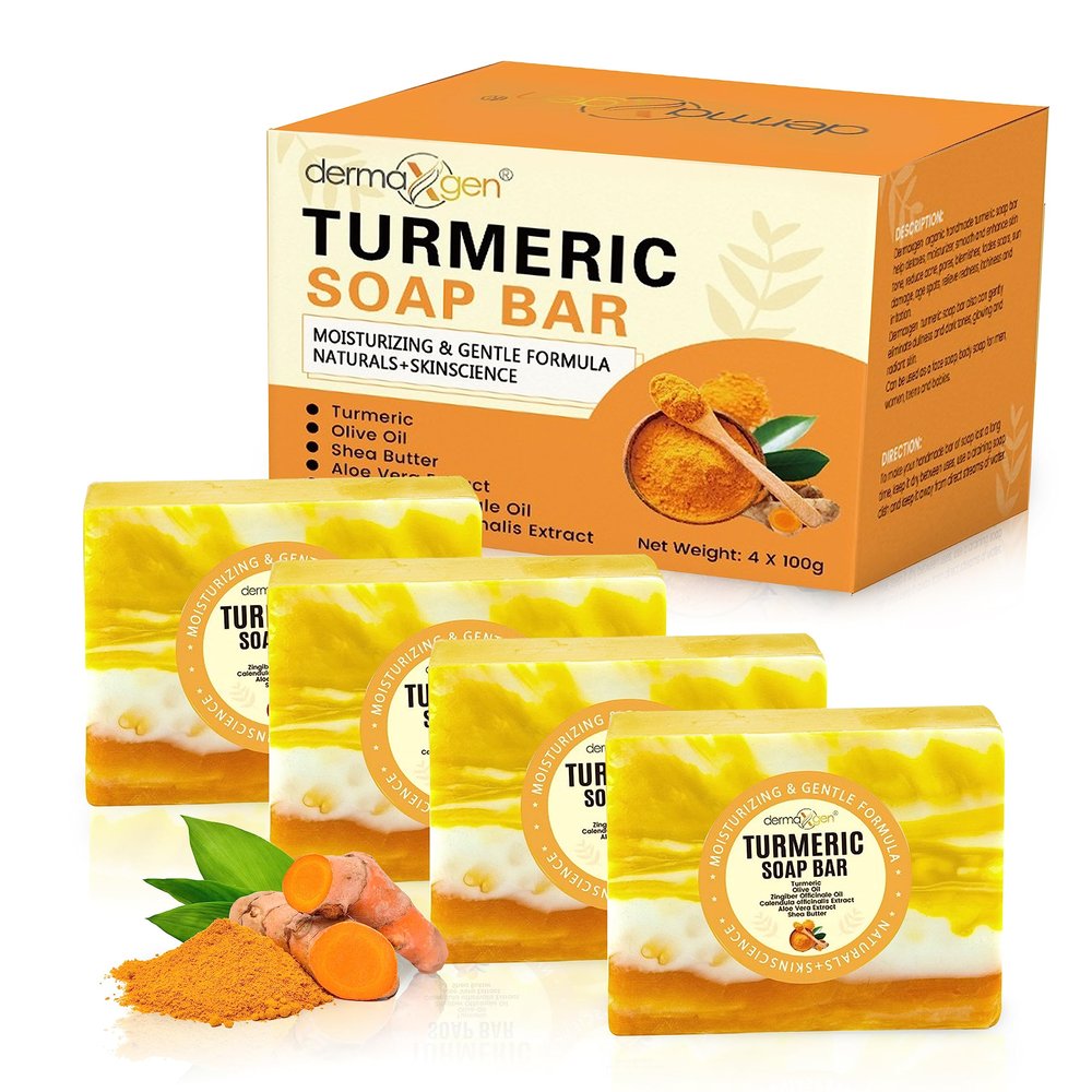 DERMAXGEN Organic Turmeric Soap Bar for Face & Body  Pure Turmeric Soap Bar for Acne, Scars, Uneven Tone, Blemish Control, Sun Damage & Age Spots  Handcrafted Skincare (Pack of 4)