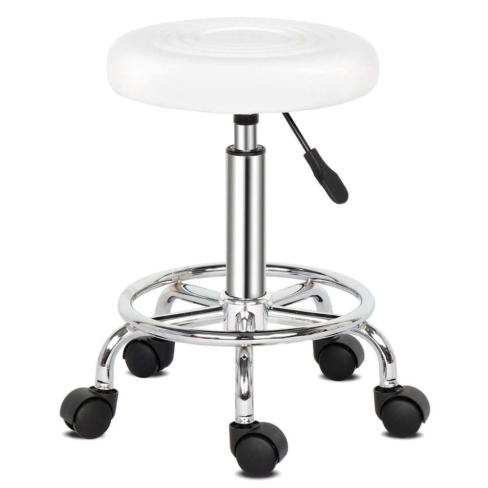 DESIGNSCAPE3D Round Rolling Stool Chair with Foot Rest, Height Adjustable Rotation Salon Stool, PU Leather Bar Stool with Wheels for for Kitchen Medical Esthetician SPA Studio