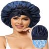 Satin Bonnet for Women Silk Bonnets for Sleeping Curly Hair Bonnet with Elastic Tie Band Reversible Double Layer Sleep Cap Hair Wrap (Navy Blue+Light Blue) view 1