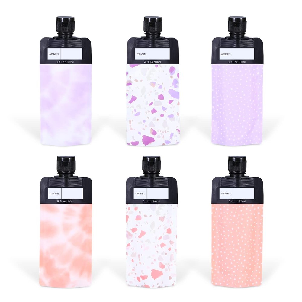 ASEVAT 3 oz 6pack Leak Proof Empty Squeeze Pouches Refillable Travel Size Containers Liquid Pouch Cosmetic Container TSA Approved Bag