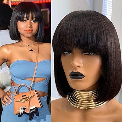 10"Yaki Straight Human Hair Bob Wig With Bangs Realistic Look Scalp Top 130 Density None Lace Short Black Bob Wigs With Bangs Italian Yaki Human Virgin Hair Wigs