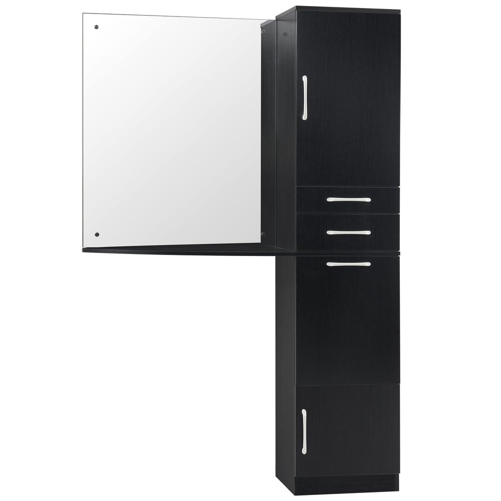 BarberPub Wall Mount Mirror Station with Storage Drawers and Shelf Salon Station Hair Styling Barber Station Beauty Equipment 3034 (Black)