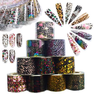 Leopard Print Nail Foils Transfer Nail Art Stickers,Animal Skin Flower Nail Foil Sheets 10 Rolls Leopard Nail Stickers For Nail Art Supplies Adhesive Foil Nail Decals For Women Manicure Decorations