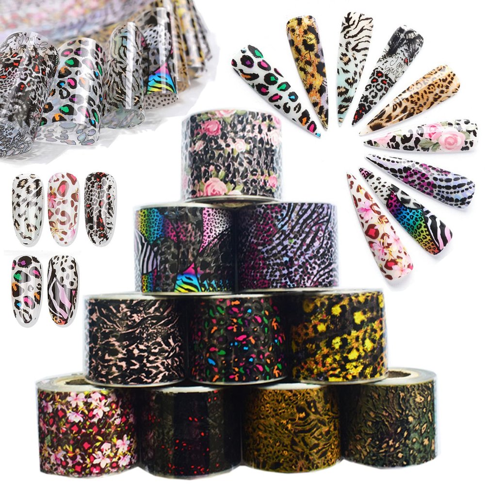 Leopard Print Nail Foils Transfer Nail Art Stickers,Animal Skin Flower Nail Foil Sheets 10 Rolls Leopard Nail Stickers For Nail Art Supplies Adhesive Foil Nail Decals For Women Manicure Decorations