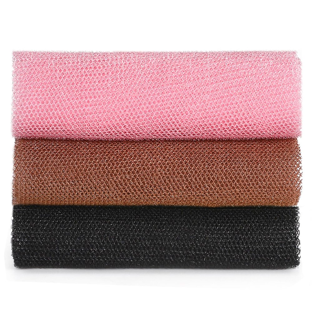 JASSINS African Exfoliating Net, African Sponge Net,Body Exfoliating Long Net Shower Body Scrubber Back Scrubber Skin SmootherBlack+Coffee+Pink