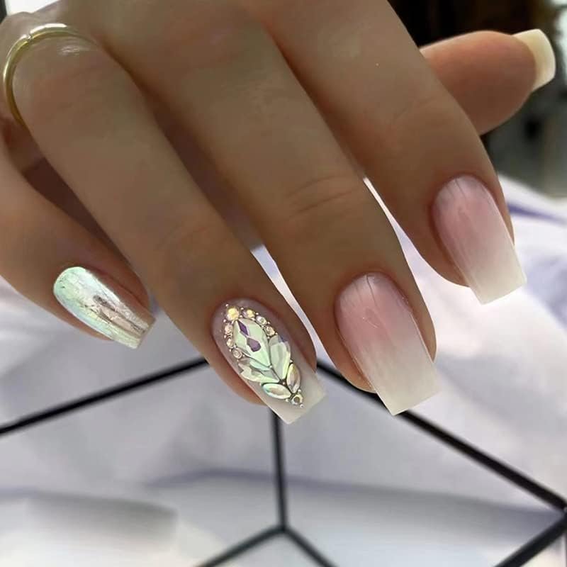 FRUJCDKI Rhinestone Gradient Square Press on Nails Long Fake Nails French Acrylic Full Cover False Nails for Women and Girls24PCS