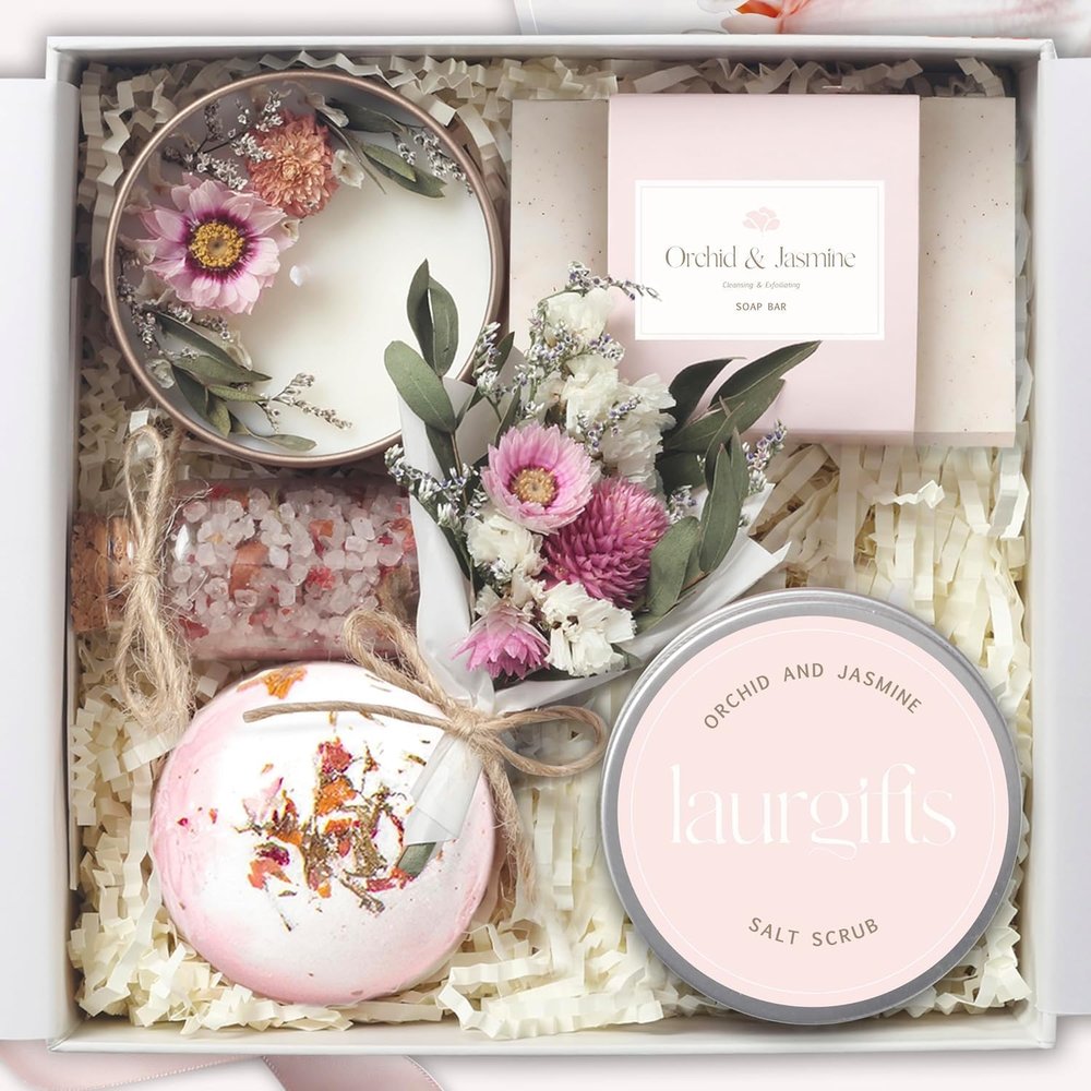 Birthday Gifts for Women  Luxury Bath Sets & Self Care Box  Christmas Gifts for Women  Small Orchid & Jasmine Spa Basket for Mom, Sister, or Friend