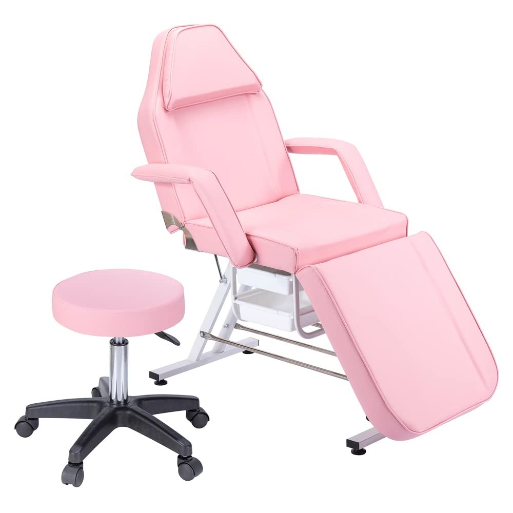 Anwickmak 3-Section Multipurpose Massage Bed, Spa & Salon Facial, Tattoo Chair w/Hydraulic Stool, Facial Cradle Bed Table, Adjustable Beauty Barber Spa Beauty Equipment (Pink)