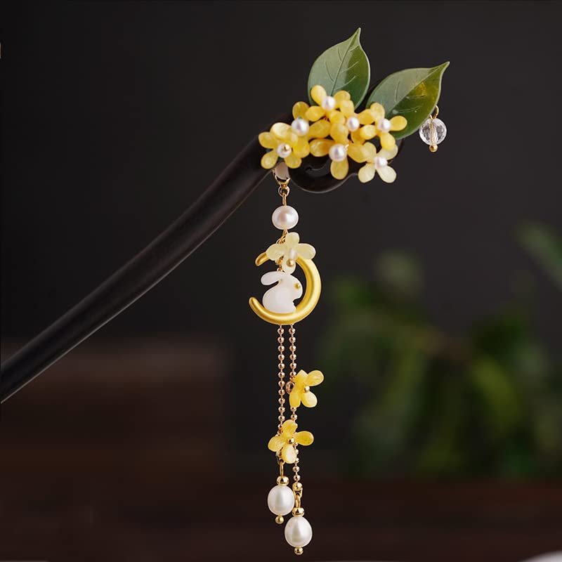 Rabithenn Camellia Flower Pearl Tassels Chinese Hanfu and Style Hair Retro Flower with Metal Handmade Hair Clip Hair Accessories for Women Girls Long Hair (Moon rabbit)