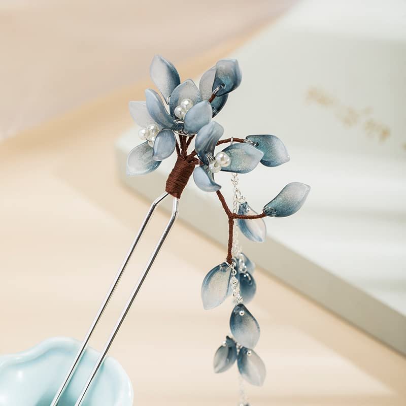 Flower Petal with Pearl Tassels Hairpin Chinese Hanfu and Style Hair Retro with Metal Handmade Hair Clip Hair Accessories for Women Girls Long Hair(Flower petals)