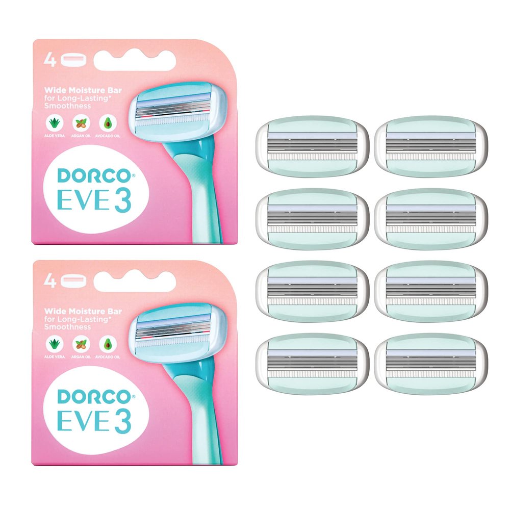 DORCO eve Pack of 3 Razors for Quick & Easy Shaving (No Handle, 8 Pcs Razor Blade Refills), 3 Curved Blades for Shaving with Aloe Vera Moisture Bar, Interchangeable Cartridge for Sensitive Skin