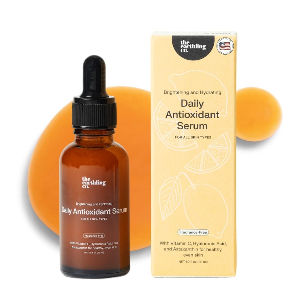 The Earthling Co. Antioxidant Serum for Daily Use - Brightens, Evens Skin Tone and Reduces Dark Spots with Vitamin C and Hyaluronic Acid - Gentle Hydrating Serum for Sensitive Skin, 1.0 fl oz