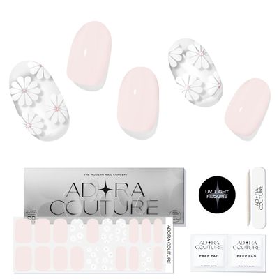 Adora Couture Semi Cured Gel Nail Strips with 20 Pieces - UV Gel Stickers, Manicure Kit, Easy Application Wraps Includes Prep Pads, Nail File, Wooden Stick - UV Light Required (Charming Daisy)