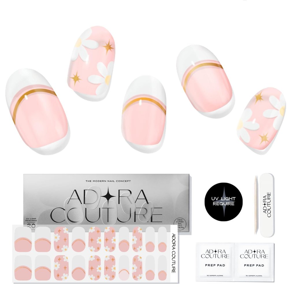 Adora Couture Semi Cured Gel Nail Strips with 30 Pieces - UV Gel Stickers, Manicure Kit, Easy Application Wraps Includes Prep Pads, Nail File, Wooden Stick - UV Light Required (Beige Frenchie)