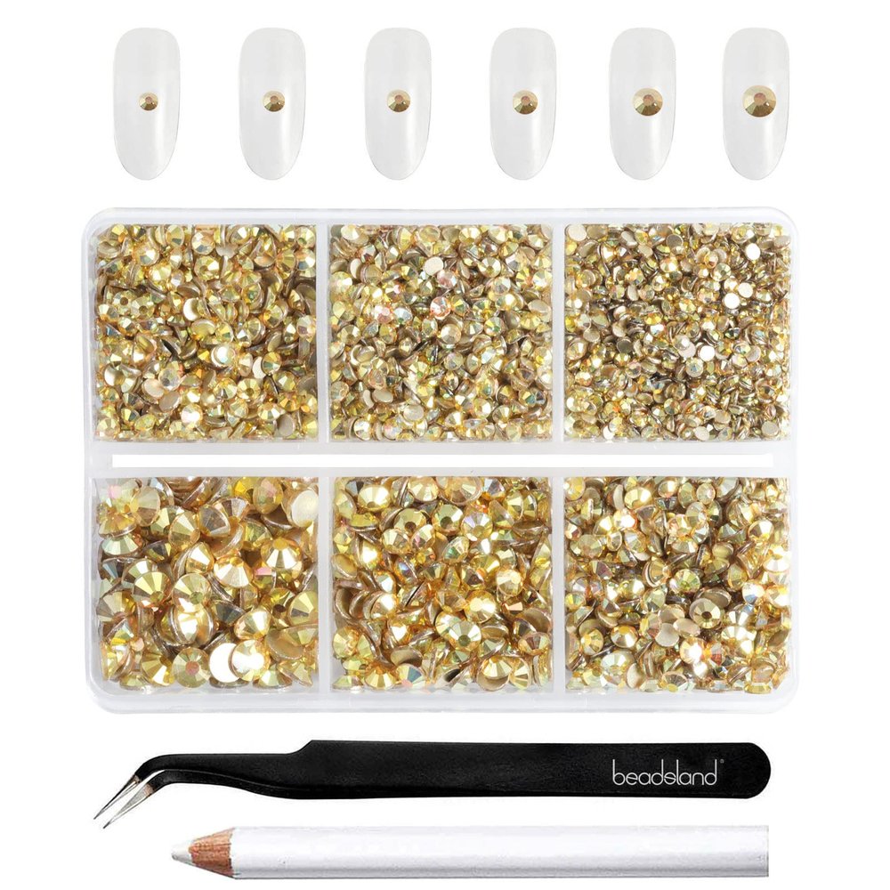Beadsland 4300pcs Flatback Rhinestones,Gold Rhinestone Nail Gems Round Crystal Rhinestones for Crafts,Mixed 6 Sizes with Picking Tweezers and Wax Pencil Kit, SS6-SS20,Metal Sunlight