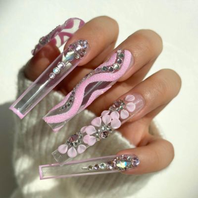 Real Gel Handmade luxurious Long Pink Press on Nails Gems Coffin Fake Nails with Designs Glossy False Nails for Women and Girls (50mm XS)