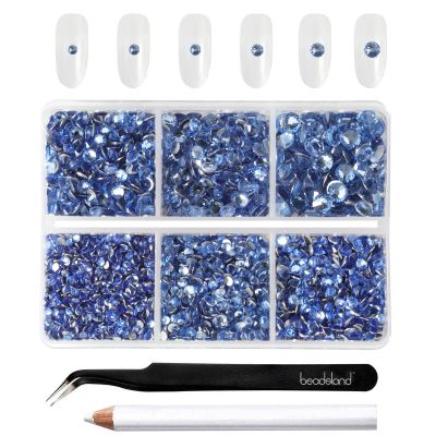 Beadsland 4300pcs Flatback Rhinestones,Light Blue Rhinestone Nail Gems Round Crystal Rhinestones for Crafts,Mixed 6 Sizes with Picking Tweezers and Wax Pencil Kit, SS6-SS20,Light Sapphire