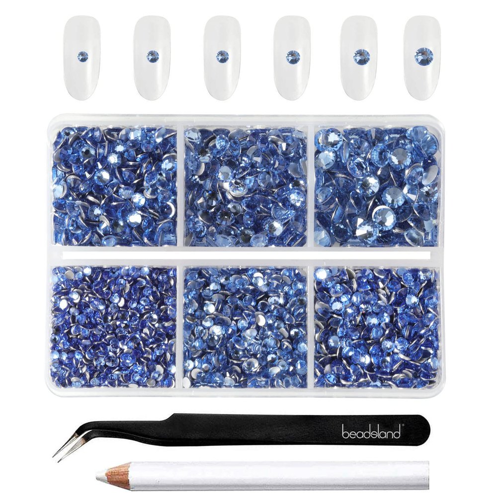 Beadsland 4300pcs Flatback Rhinestones,Light Blue Rhinestone Nail Gems Round Crystal Rhinestones for Crafts,Mixed 6 Sizes with Picking Tweezers and Wax Pencil Kit, SS6-SS20,Light Sapphire