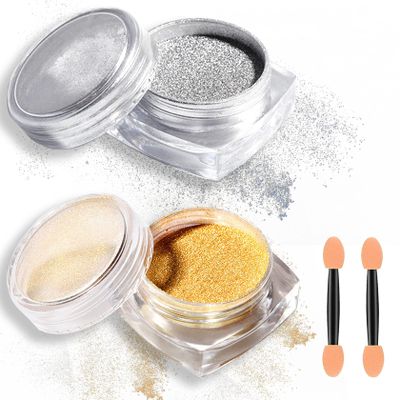 Gold & Silver Chrome Nail Powder - Holographic Metallic Art Glitter with Mirror Effect & Sponge Stick