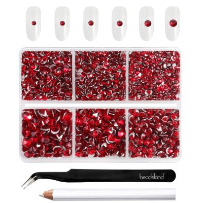 Beadsland 4300pcs Flatback Rhinestones, Red Rhinestone Nail Gems Round Crystal Rhinestones for Crafts,Mixed 6 Sizes with Picking Tweezers and Wax Pencil Kit, SS6-SS20, Siam