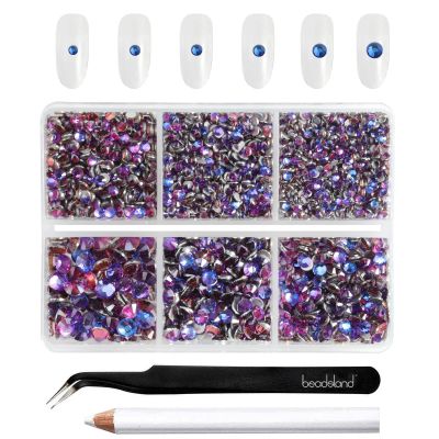 Beadsland 4300pcs Flatback Rhinestones,Purple Rhinestone Nail Gems Round Crystal Rhinestones for Crafts,Mixed 6 Sizes with Picking Tweezers and Wax Pencil Kit, SS6-SS20,Purple Velvet