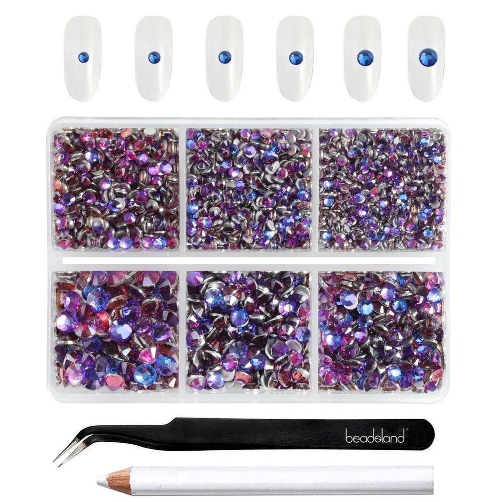 Beadsland 4300pcs Flatback Rhinestones,Purple Rhinestone Nail Gems Round Crystal Rhinestones for Crafts,Mixed 6 Sizes with Picking Tweezers and Wax Pencil Kit, SS6-SS20,Purple Velvet