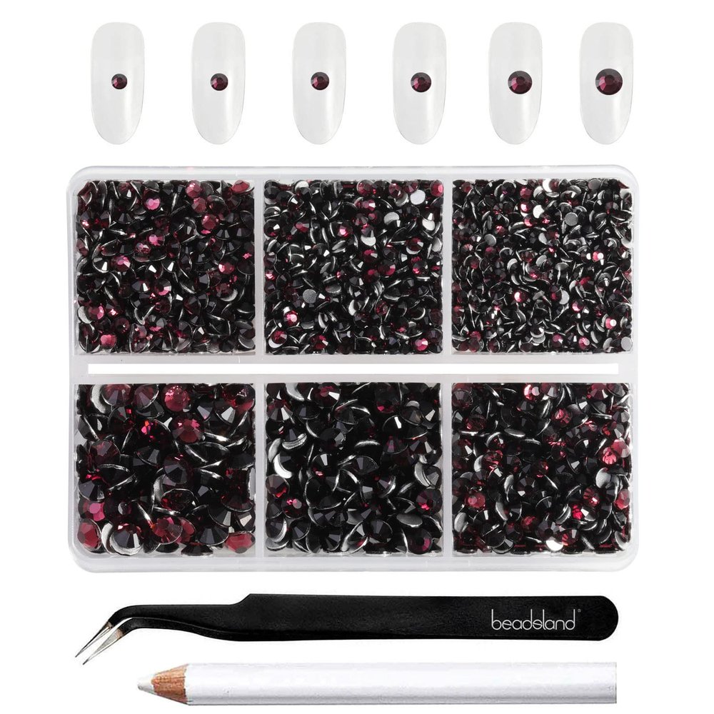 Beadsland 4300pcs Flatback Rhinestones,Burgundy Rhinestone Nail Gems Round Crystal Rhinestones for Crafts,Mixed 6 Sizes with Picking Tweezers and Wax Pencil Kit, SS6-SS20,Amethyst
