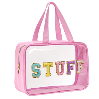 Yowivon Clear Stuff Tote Bag Pink Big Travel Cosmetic Makeup Toiletry Bag with Handle and Zipper, Transparent Waterproof Beach Sunscreen Bags Stadium Concert Snack Bags for Women