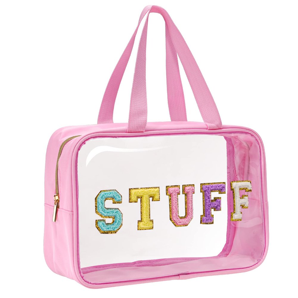 Yowivon Clear Stuff Tote Bag Pink Big Travel Cosmetic Makeup Toiletry Bag with Handle and Zipper, Transparent Waterproof Beach Sunscreen Bags Stadium Concert Snack Bags for Women