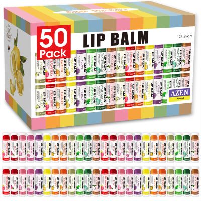AZEN 50 Pack Lip Balm, Natural Lip Balm Bulk, Lip Care Product, Moisturizing Lip Balms for dry cracked lips - 12 Flavors