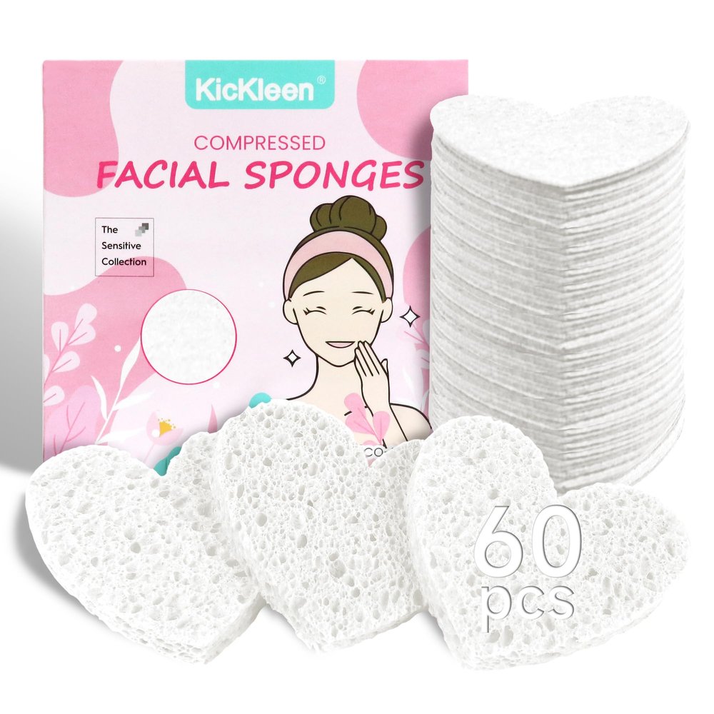 60-Count Kickleen Compressed Cellulose Heart Shape Facial Sponges | 100% Natural Cosmetic Spa Sponges for Facial Cleansing | Exfoliating | Makeup and Mask Removal | Reusable |Skin Massage (White)