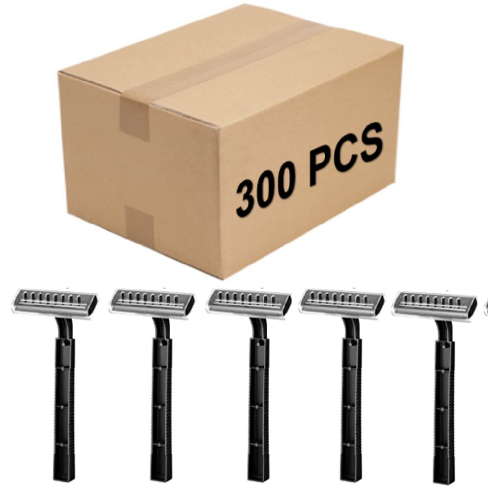 Lasnten 300 Pcs Disposable Razors Bulk with Clear Safety Cap Wrapped Twin Blade Shaving Razors for Men, Stainless Steel Blade, for Professional or Home Use, Black