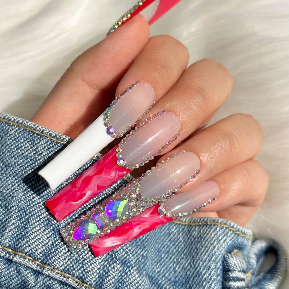 FRUJCDKI Real Gel Handmade luxurious Long Red Marble French Press on Nails Gems Coffin Fake Nails with Designs Glossy False Nails for Women and Girls (039-M)