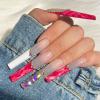 FRUJCDKI Real Gel Handmade luxurious Long Red Marble French Press on Nails Gems Coffin Fake Nails with Designs Glossy False Nails for Women and Girls (039-M) view 3