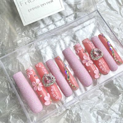 FRUJCDKI Real Gel Handmade luxurious Long Pink Flower Press on Nails Gems Coffin Fake Nails with Designs Glossy False Nails for Women and Girls (041-M)